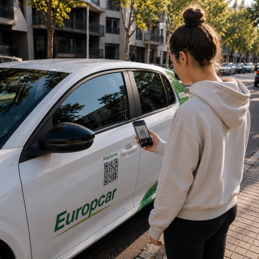 Una persona escanea con el teléfono el código QR de la puerta de un auto OlaGO